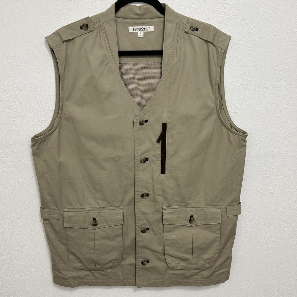VTG 99s Travelsmith Men's Vest Khaki Tan Fishing Photography Pockets Outdoor LRG